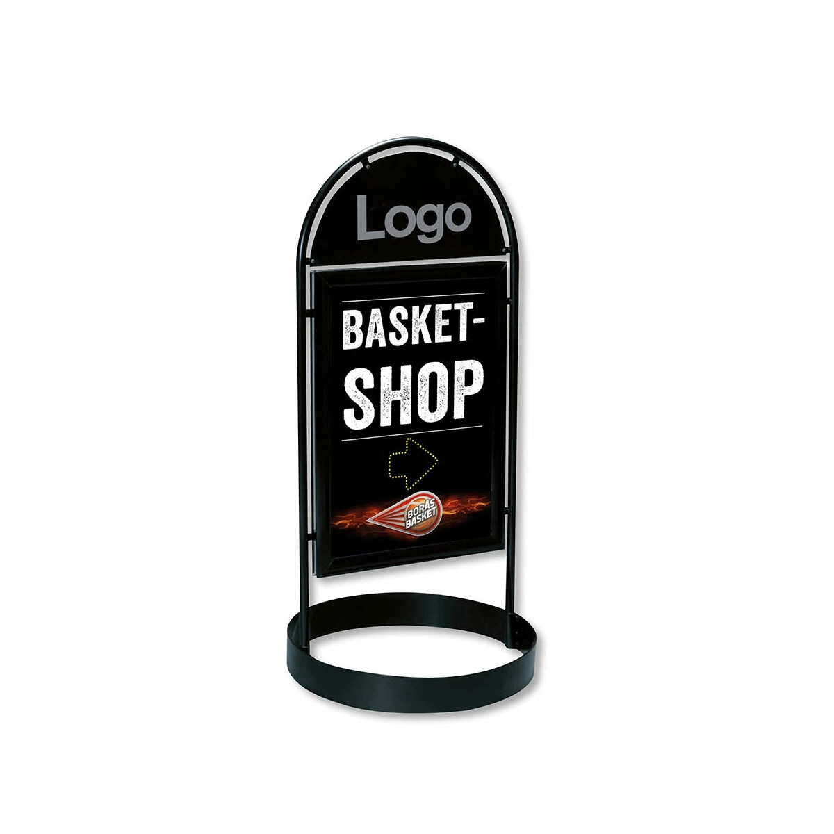Black round-base pavement sign on a white background