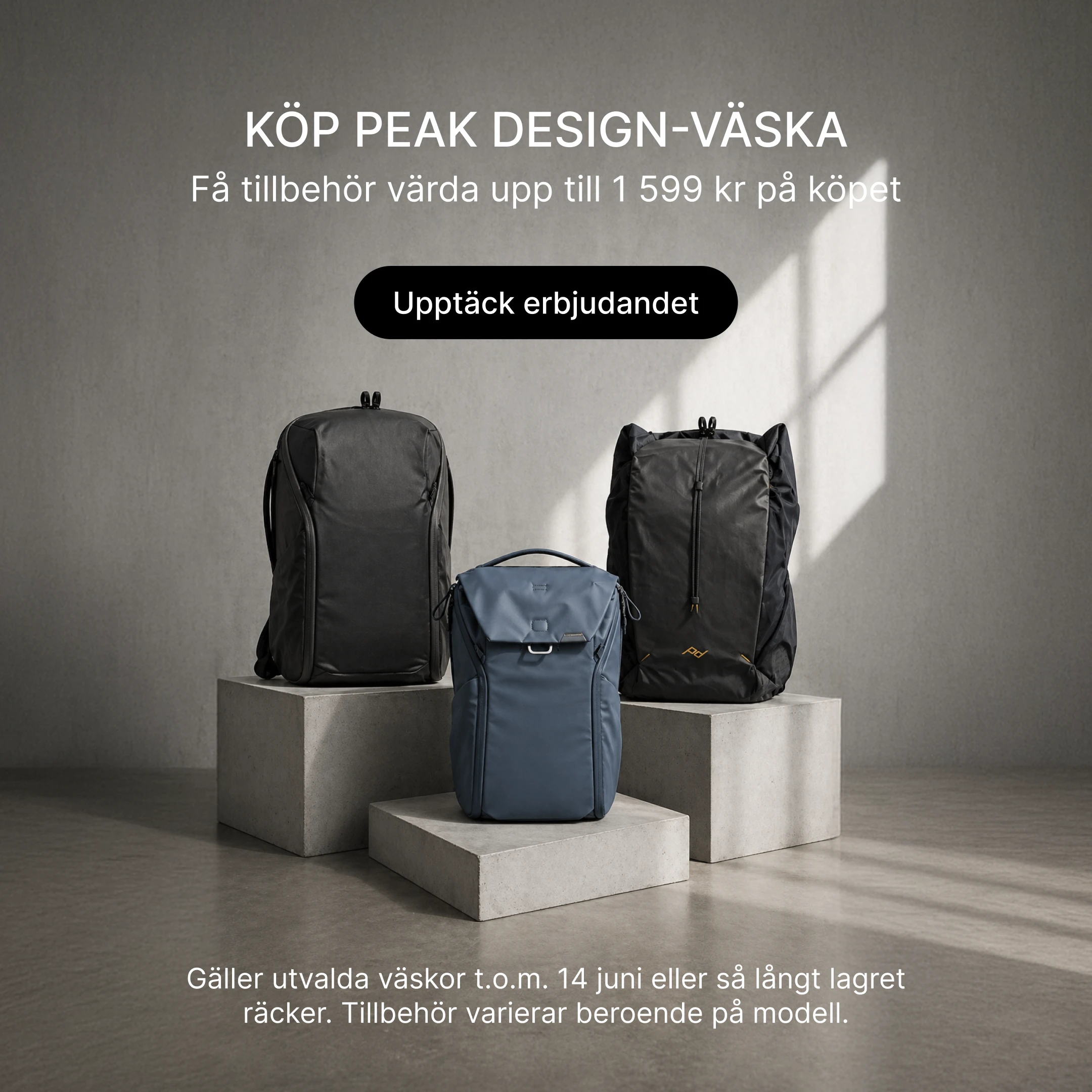 Promotional campaign for Peak Design bags.