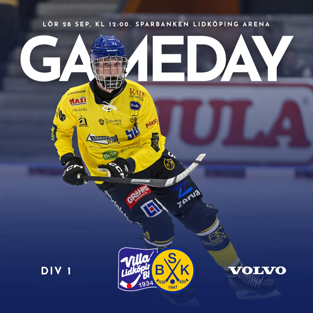 Match-day graphic featuring a Skövde Bandy player.
