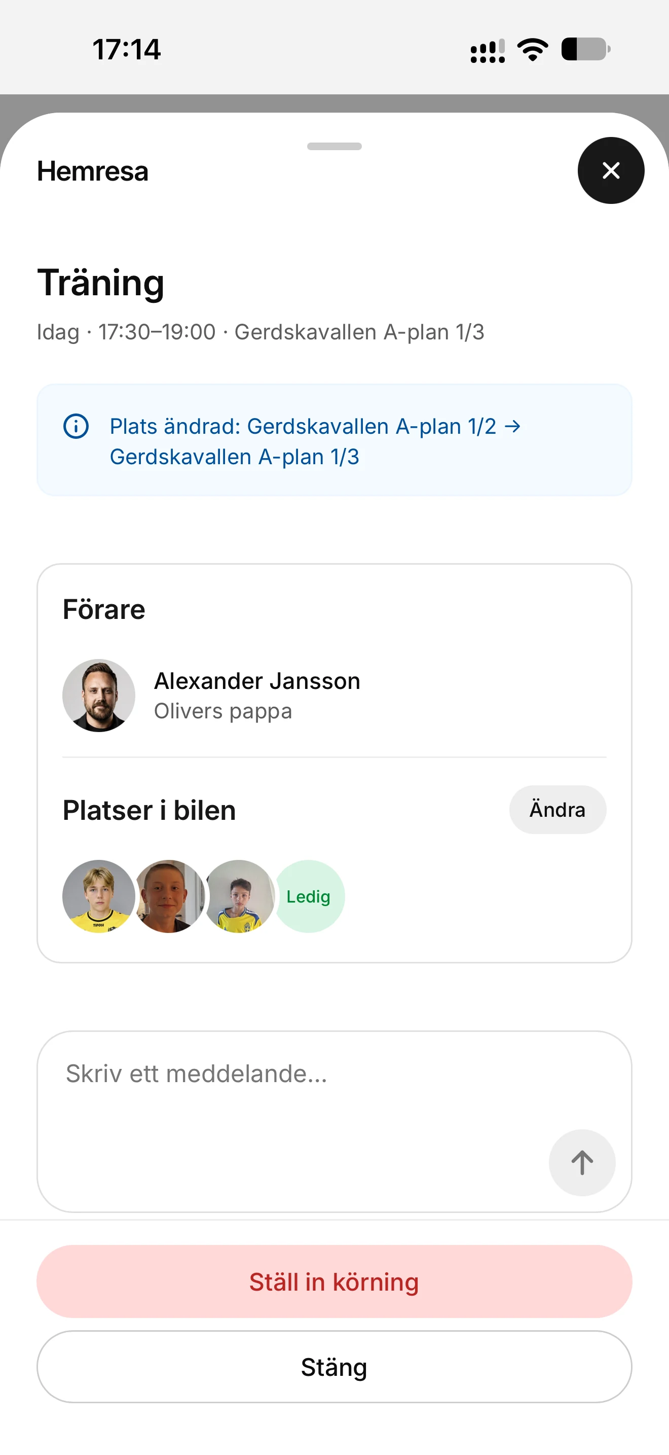 Detaljvy för en hemresa i Vem kör? med förare, bokade och lediga platser samt ett meddelandefält.