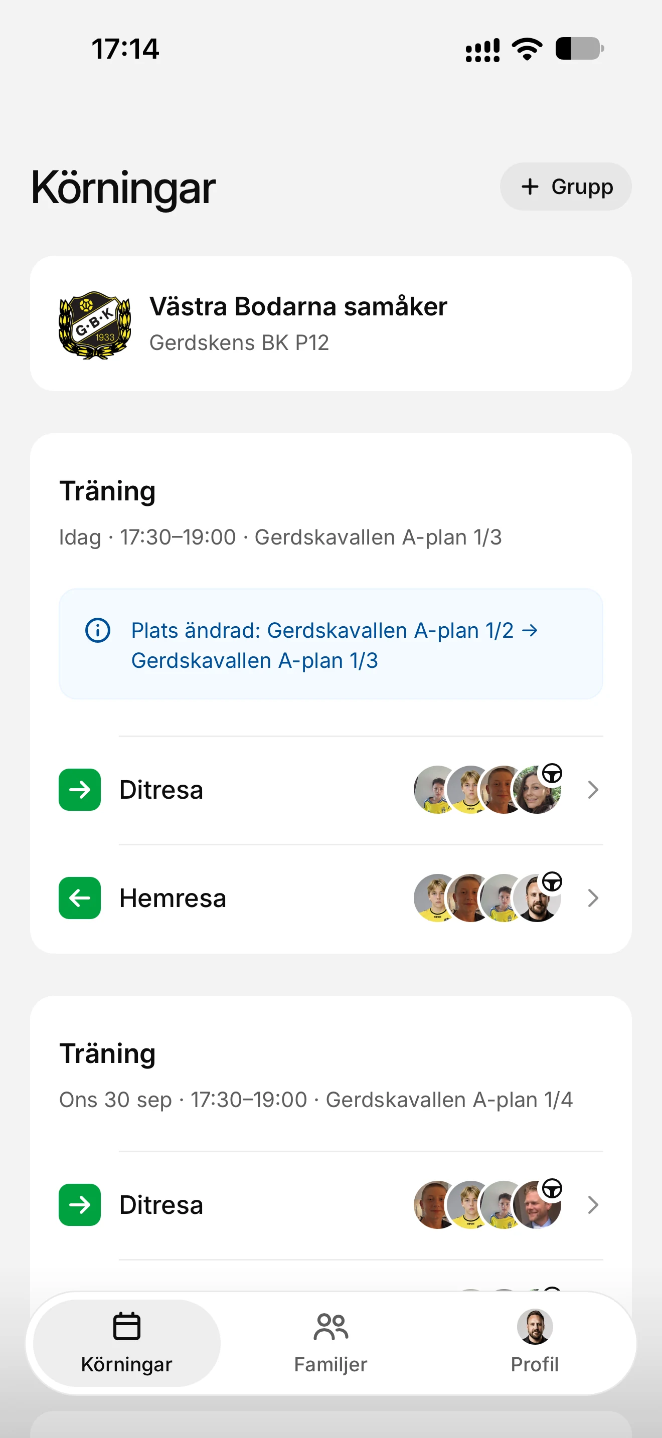 Översikt i Vem kör? med kommande träningar, separata ditresor och hemresor samt förare och passagerare.